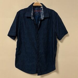 Robert Graham Mens Button Up Shirt  Paisley Blue Short Sleeve L 100% Cotton